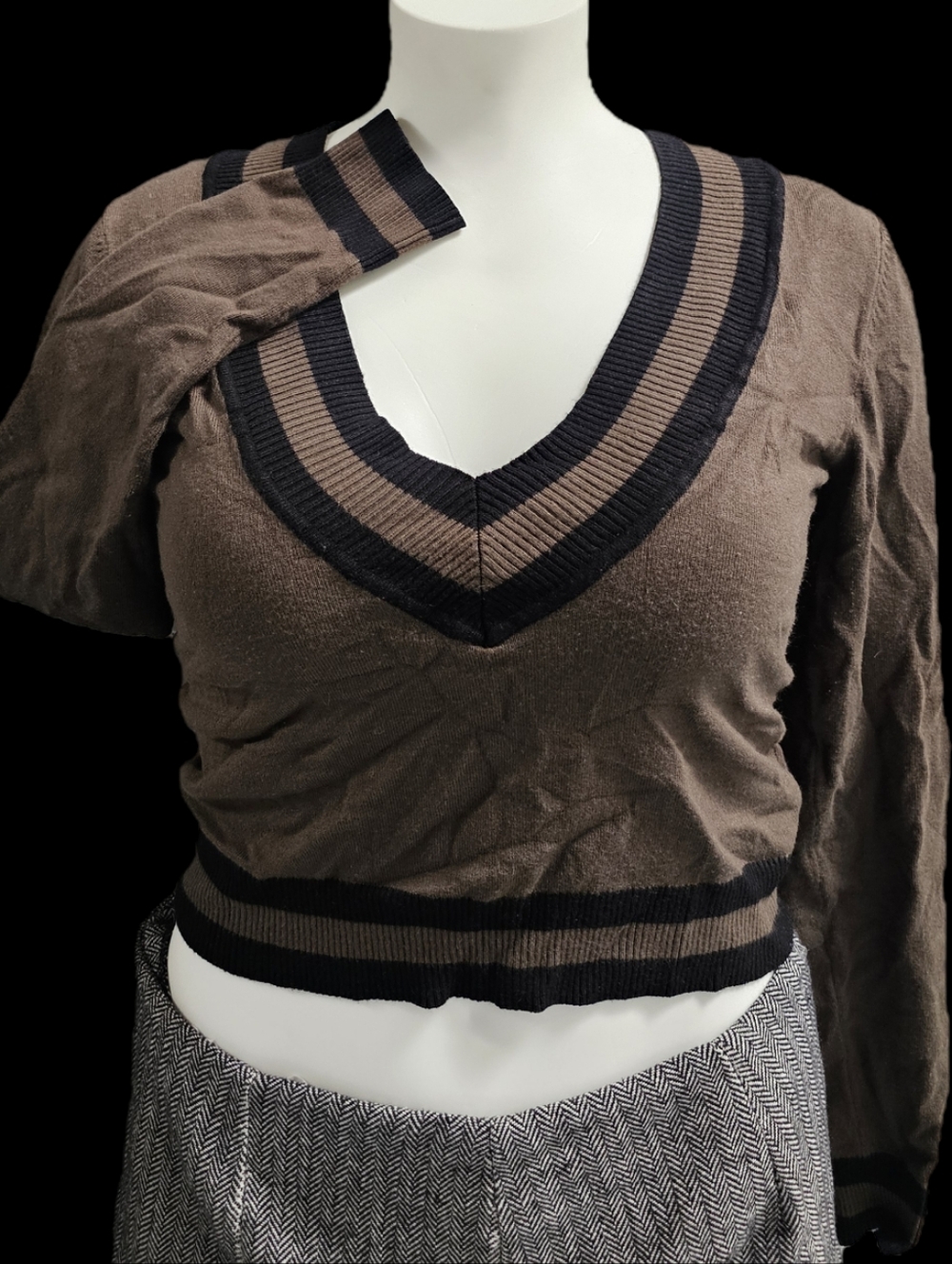 Forever 21 Brown V-Neck Sweater with Black Trim